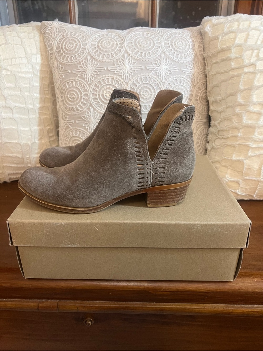 Lucky Brand Booties Taupe Suede Cutout Ankle Booties